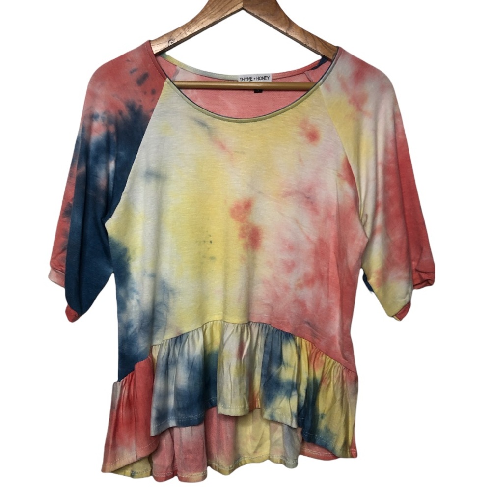 Thyme + Honey Tie Dye Multicolored Ruffle Short Sleeves Top Size Small NEW